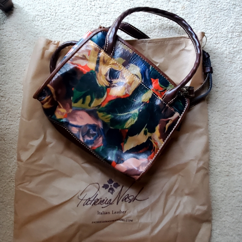Patricia Nash brown green red leather crossbody colored purse.